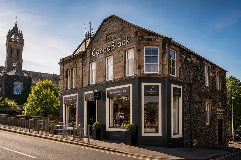 Cocoa_Black_Aerial_Desktop_3x2 The Cocoa Black shop and chocolate school on a stone corner building in Peebles